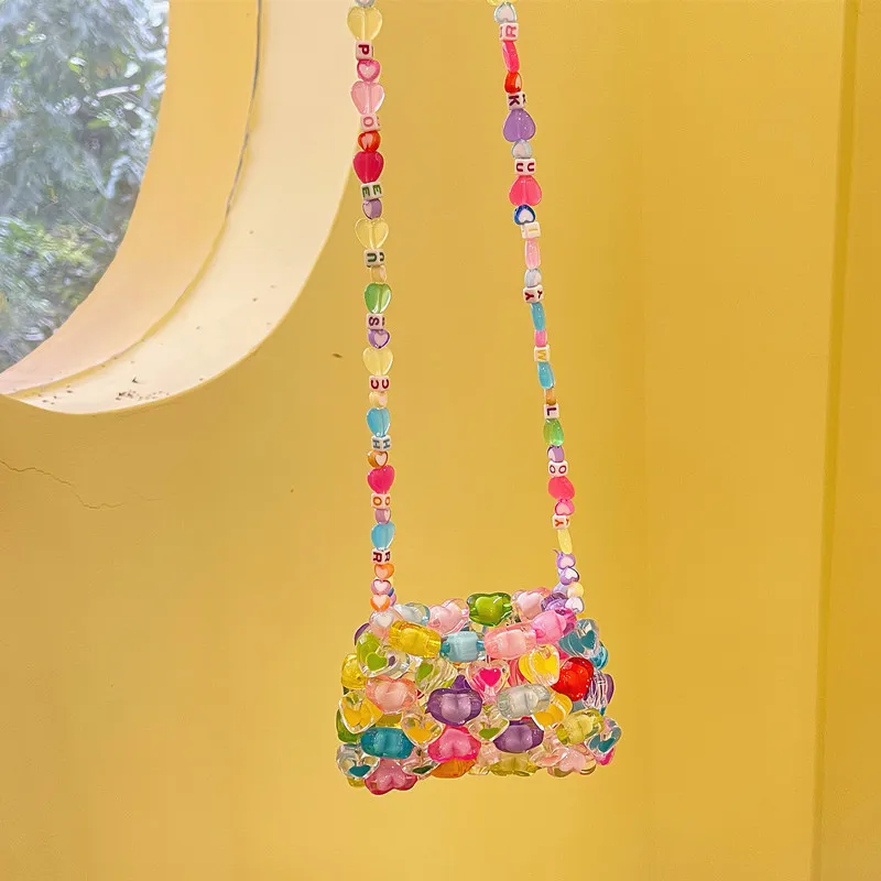

Cute Mini Colorful Jelly Handbag Children Girls Shoulder Bag Crossbody 2022 Summer New Hand-weave Heart Beaded Child Handbags