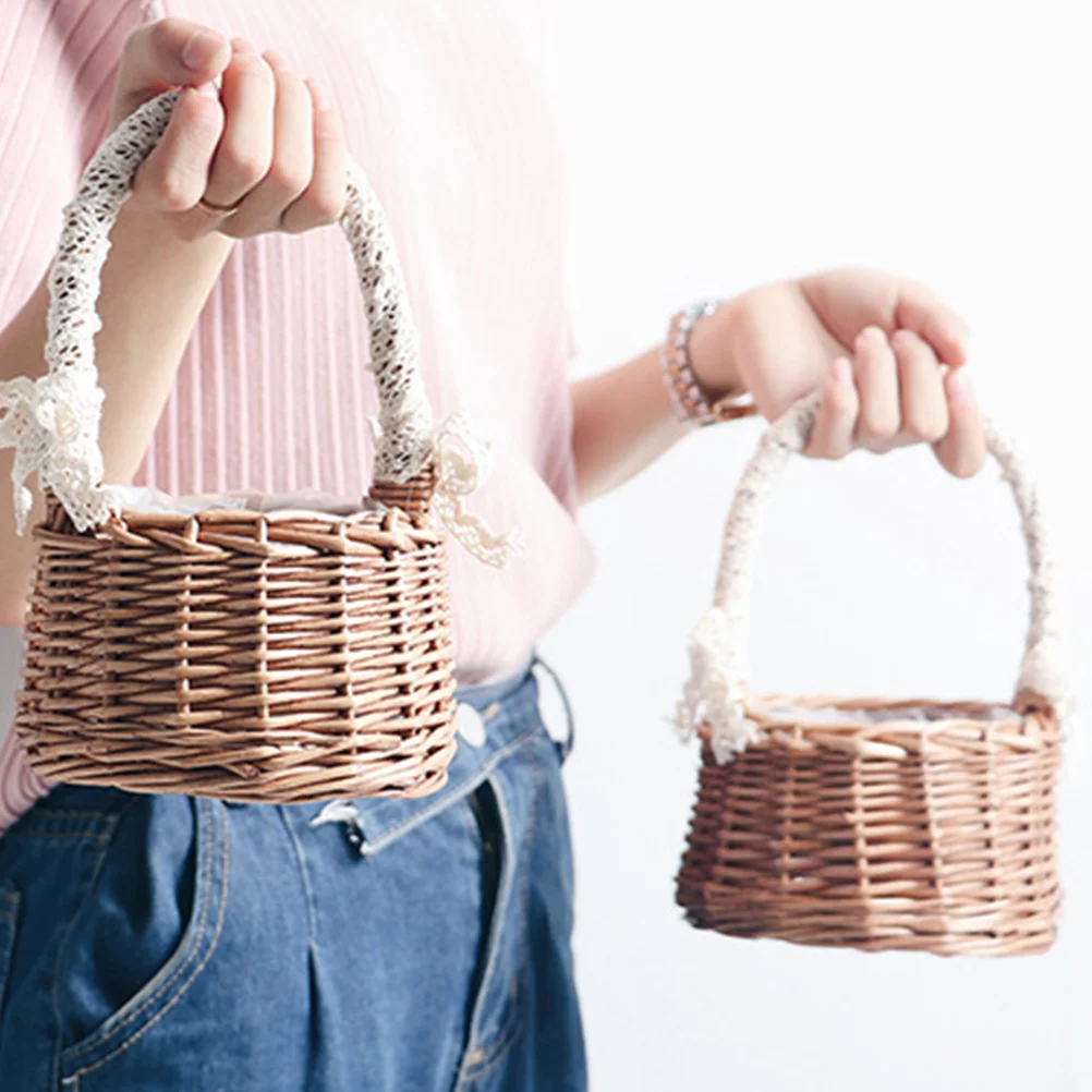 

Basket Flower Wicker Woven Baskets Wedding Rattan Storage Picnic Girlcandy Withgift Lace Easter Handle Hamper Fruit Container