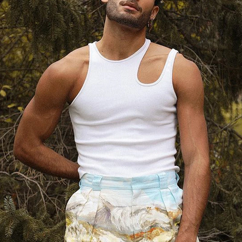 

Summer Men Tank Top Solid Color Sleeveless Cut-out Design Strap Casual Tank Tops 2022 New