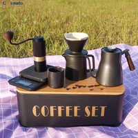 luxury coffeware sets outdoor camping metal gift box with coffee kettle cup grinder filter paper v60 dripper server pot black