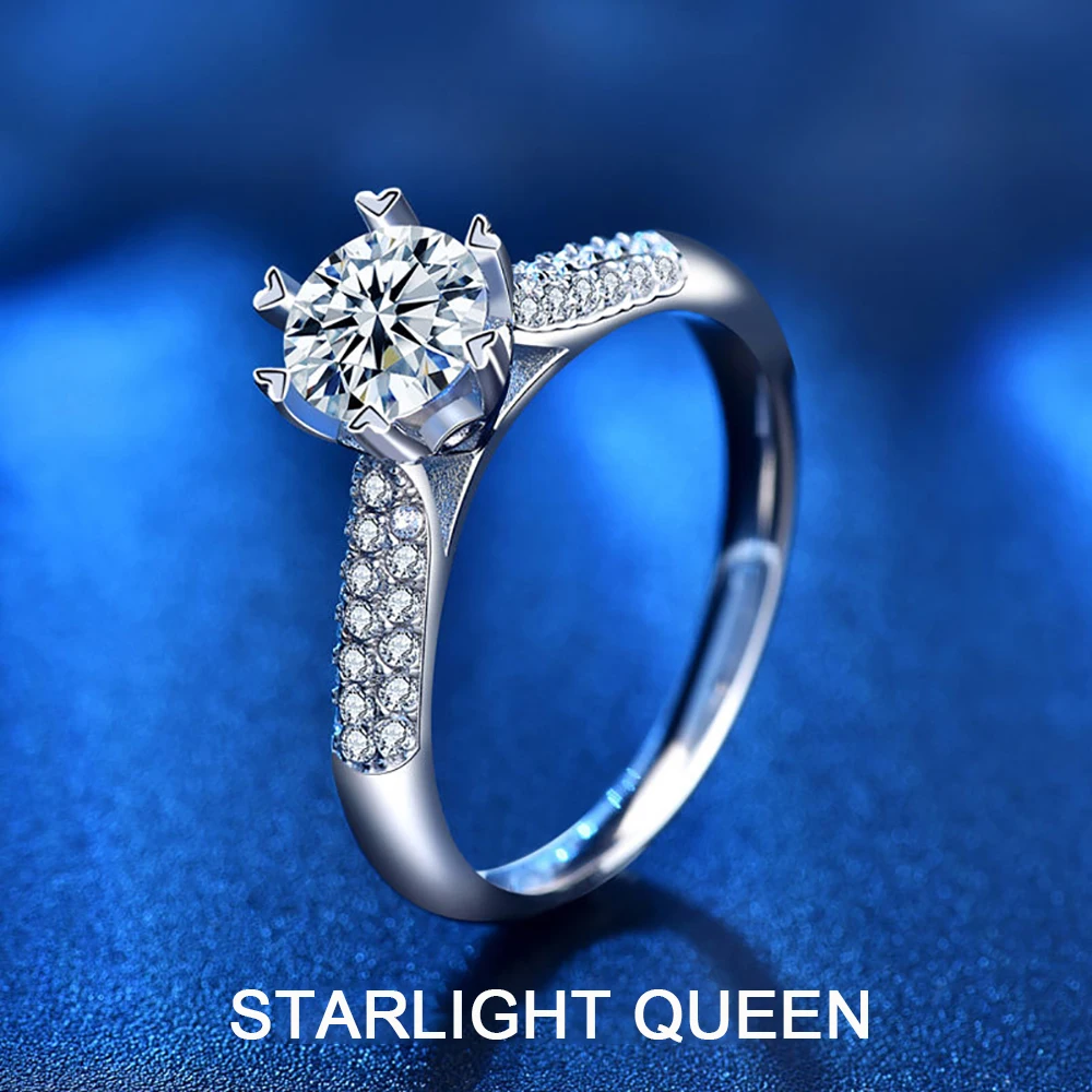 

0.5/1/2CT Starlight Queen Moissanite Ring Women 925 Sterling Silver Wedding Ring Can Be Adjusted with Certificate Packing Box