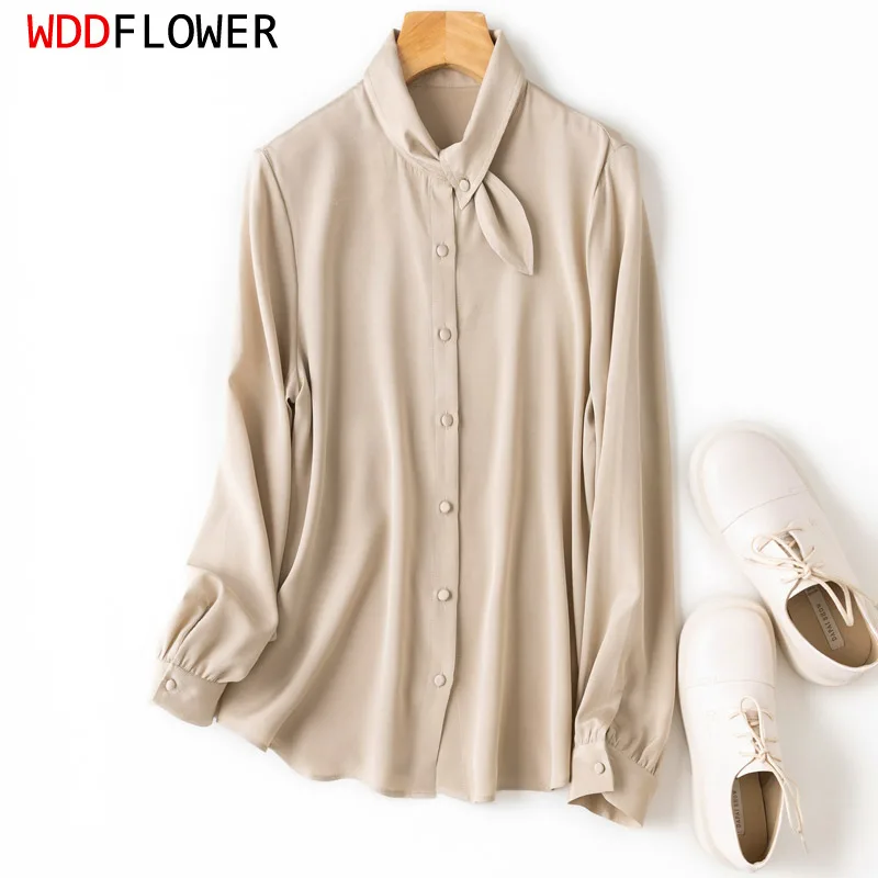 

Women 95% Mulberry Silk 5% Spandex 25 momme thick crepe silk Beige Buttons down bow-tie neck long sleeve shirt Top Blouse MM376