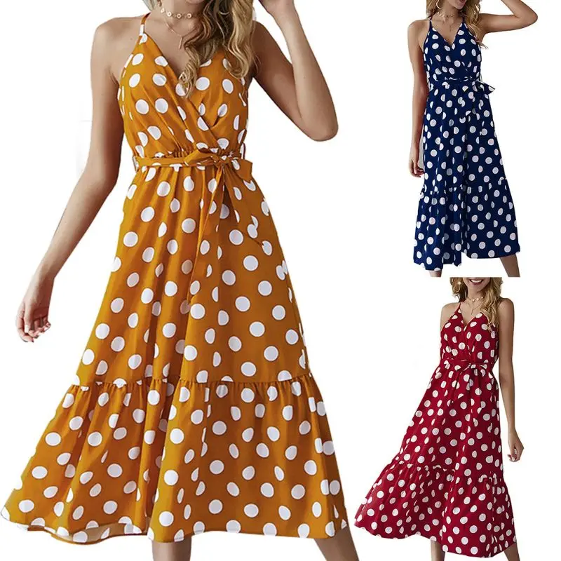 

Womens Halter Neck Dress with Belt Summer V Neck Dress Casual Sleeveless Beach Party Dress Holiday Dress Polka Dot DropShip
