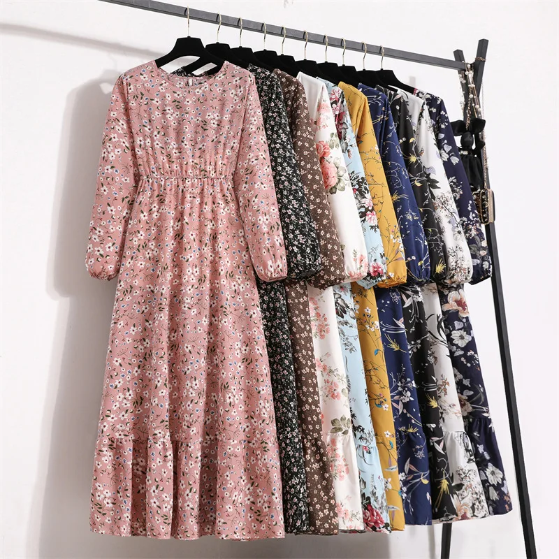 

Women Sweet Chic High-waisted Chiffon Maxi Dress Casual Full Sleeve Floral Printed O-neck Woman Bohe Beach Party Long Dress