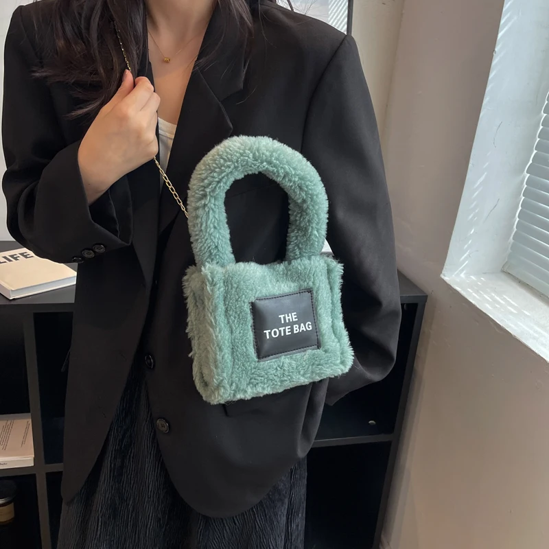 Jin Mantang Fur Tote Bag for Women 2023 Winter Furry Plush Crossbody Bags Designer Small Chain Top-handle Handbags Letter Purses