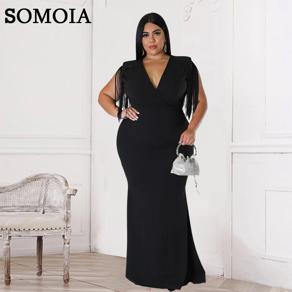 

SOMOIA Plus Size Woman Dresses Wholesale Sexy Fringe Solid Color Slim Fit V-Neck Sleeveless Elegant Party Dress Dropshipping