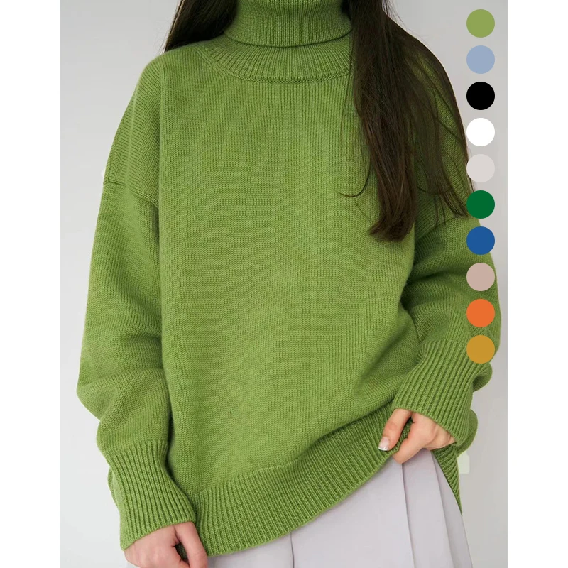 Women Turtleneck Sweater Solid Jumper Autumn Winter Thick Warm Pullover Top Oversized Casual Loose Knitted Jumper Female Pull