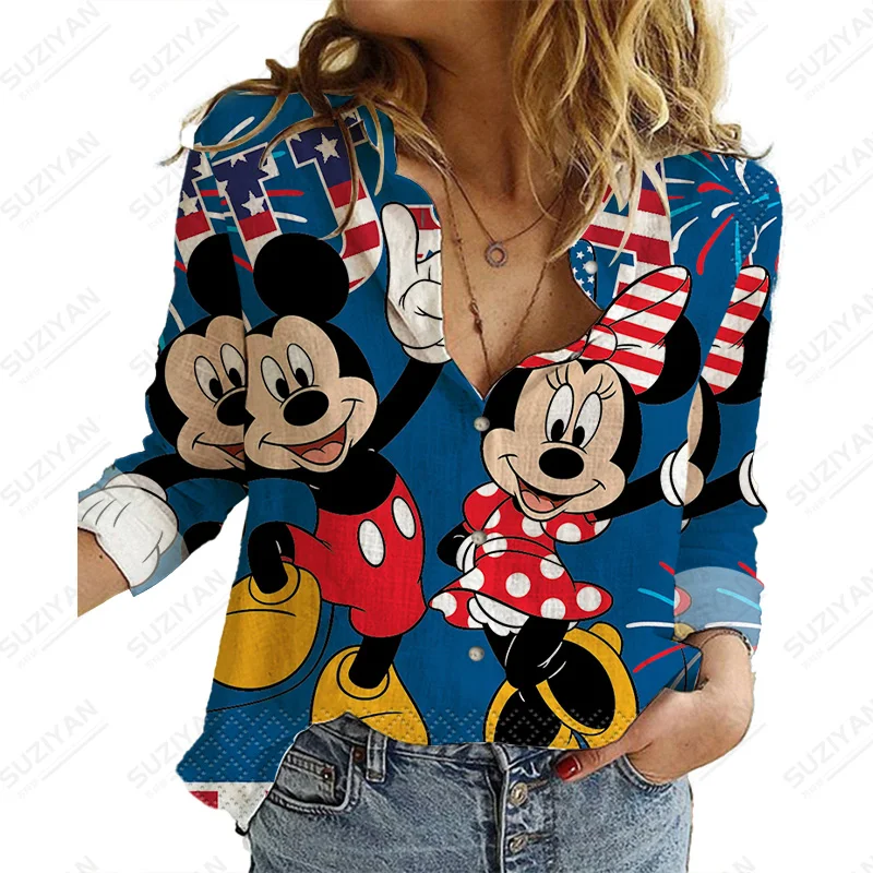 

Женская рубашка на пуговицах с принтом Микки и Минни