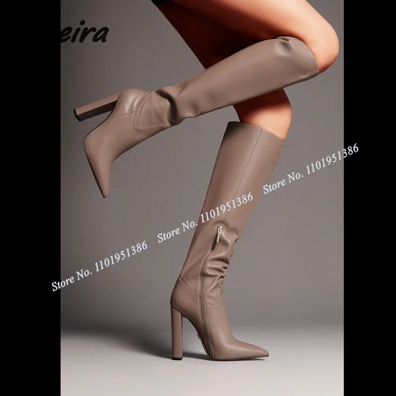Pereira Solid Side Zipper Chunky Heel Boots Knee High Pointed Toe Stiletto Shoes for Women High Heels Winter Zapatillas Mujer