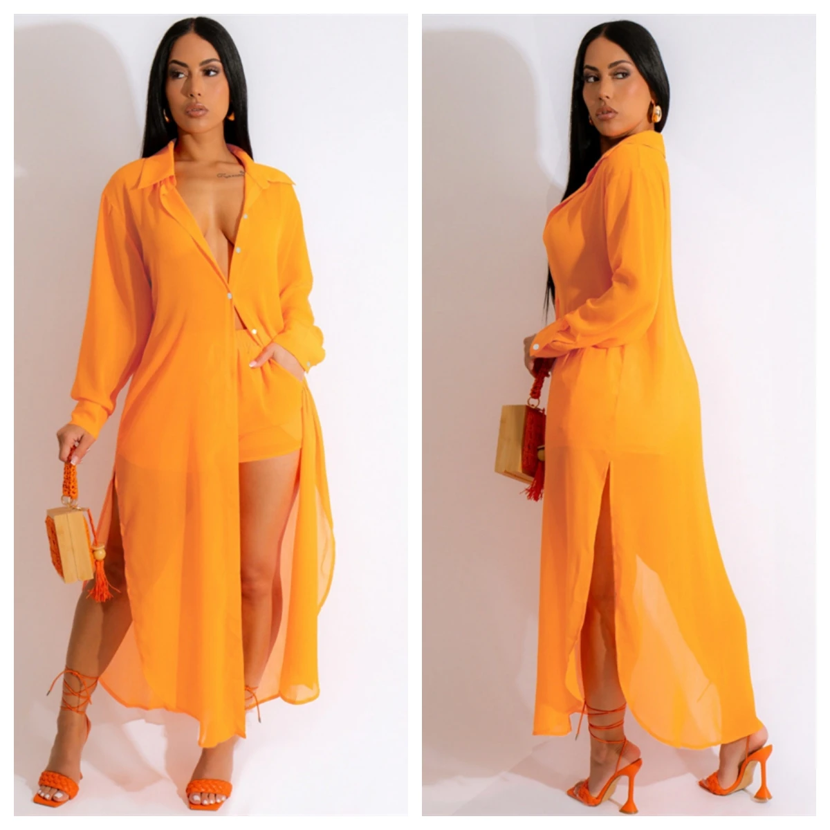

Summer Sunscreen Beach 2 Piece Set Turn Down Collar Full Sleeve Single Breasted Split Extra Long Shirts And Shorts Overall Suits