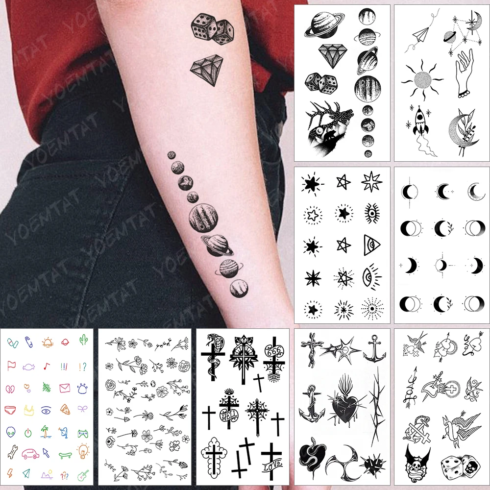 

Waterproof Temporary Tattoo Sticker Diamond Planet Moon Black Tatto Finger Arm Fake Tatoo Woman Man Child Flash Tattoos