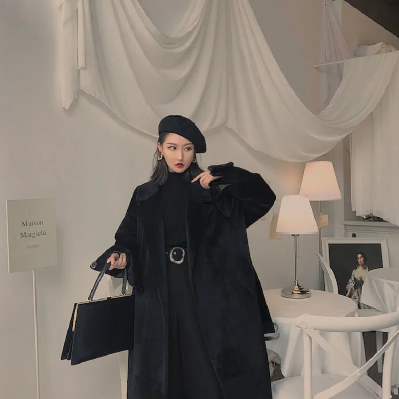 

COZOK Woollen Coat Female 2022 Winter New Y2K Retro Black Trench Coat Thickened Temperament Fashion Korean Edition Coat