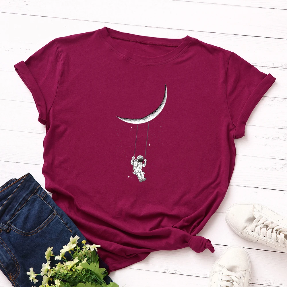 

Women Graphic Tees Female T Shirts Clothes Short Sleeve 100% Cotton Funny Astronaut Moon Tee Tops Shirts