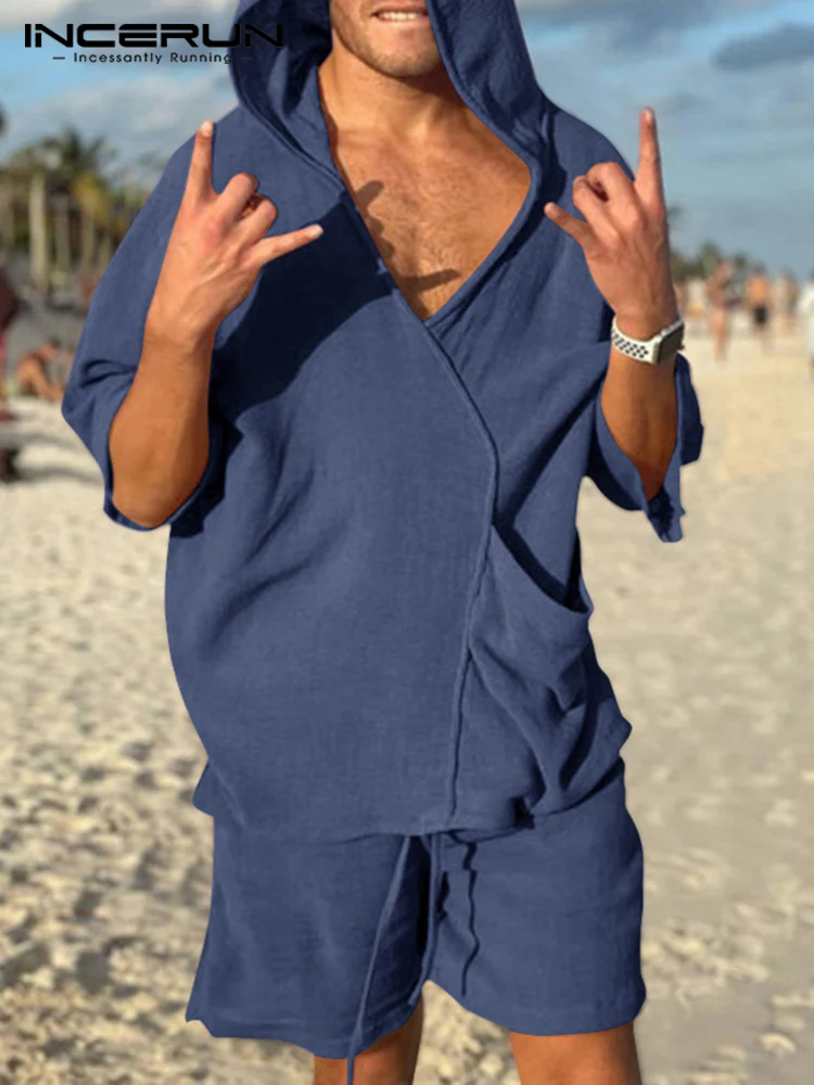 

INCERUN Men Casual Sets Streetwear Solid 2022 Vintage Hooded Half Sleeve T Shirt & Drawstring Shorts 2PCS Loose Men Suits S-5XL