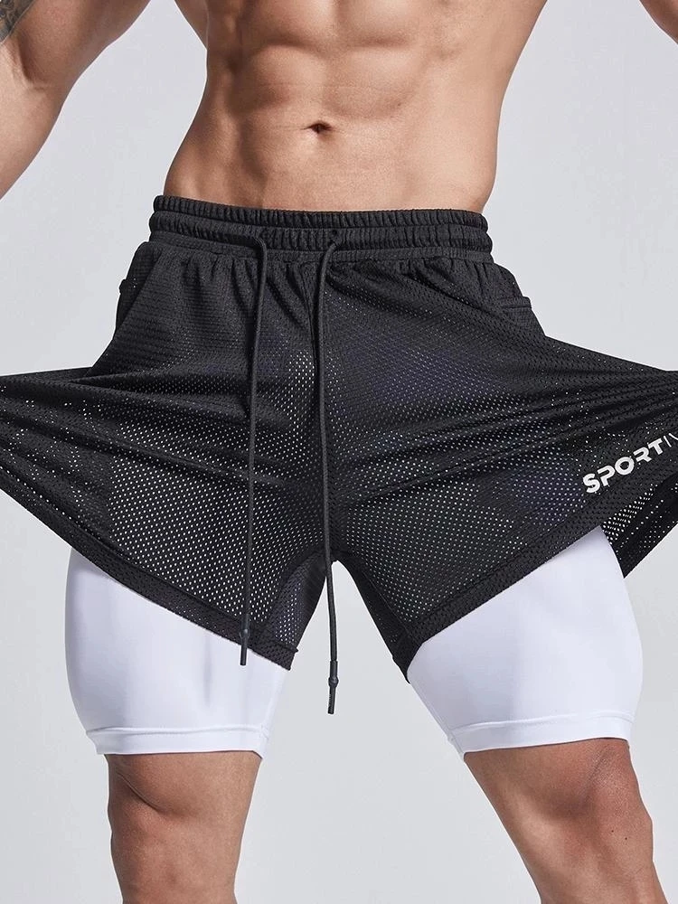 

Summer Fashion Breathable Mesh Training Gym Fitness Men's Shorts 2 IN1 Double Gym Male Bodybuilding Sports Elasticity Shorts