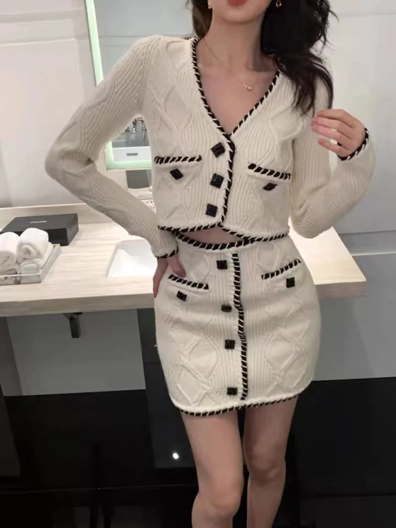 Brand Fall Women Stretch Knit Two Piece Sets Texture Pattern Long Sleeve V-Neck Cardigan Sweater Tops Slim Skirt OL Outfits Lady