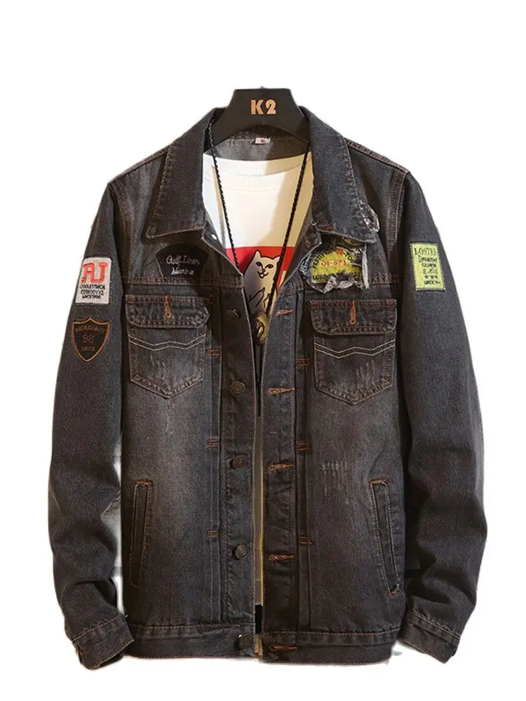 

Spring autumn new men's denim jacket hip-hop loose fashion ripped personality stitching Fashion Black Couple men's jeans jacket