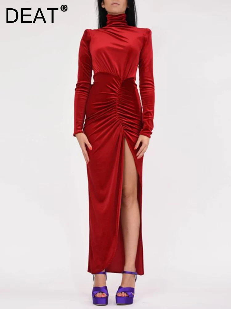 

[DEAT] Side Split Long Sleeve Folds Female Hip Wrap Dress Evening Party Elegant Design Women's Dresses New 2023 Spring 13DB852