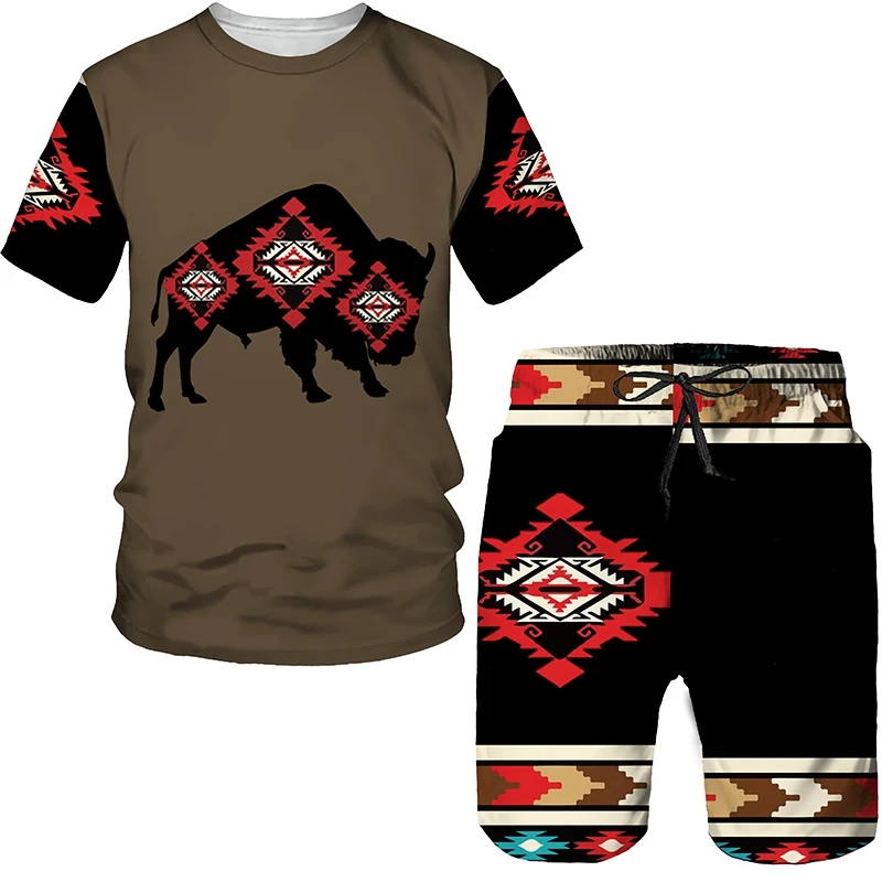 Man Summer Short Sleeve Folk Custom Print Tees/Shorts/Suits Oversize T Shirt Tracksuit Set Ethnic Style Vintage Clothes for Men