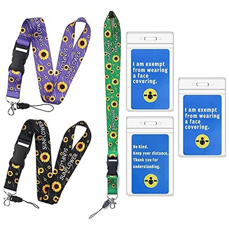 

NEW-3Pcs Adjustable Sunflower Words Printed Lanyard With Card Holder And Mask Exemption Card Lanyard Straps Badge Holder