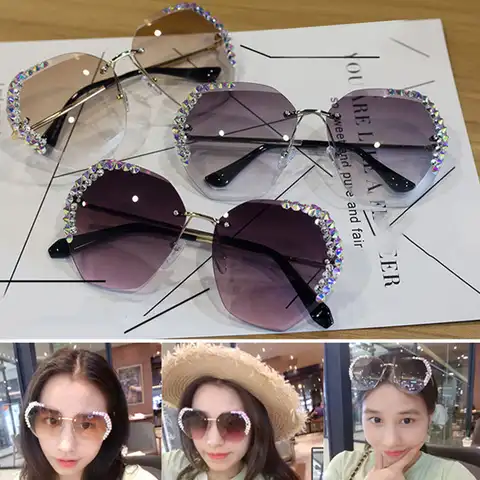 Очки солнцезащитные женские без оправы, винтажные модные пикантные квадратные солнечные очки с бриллиантами от известного бренда класса л...