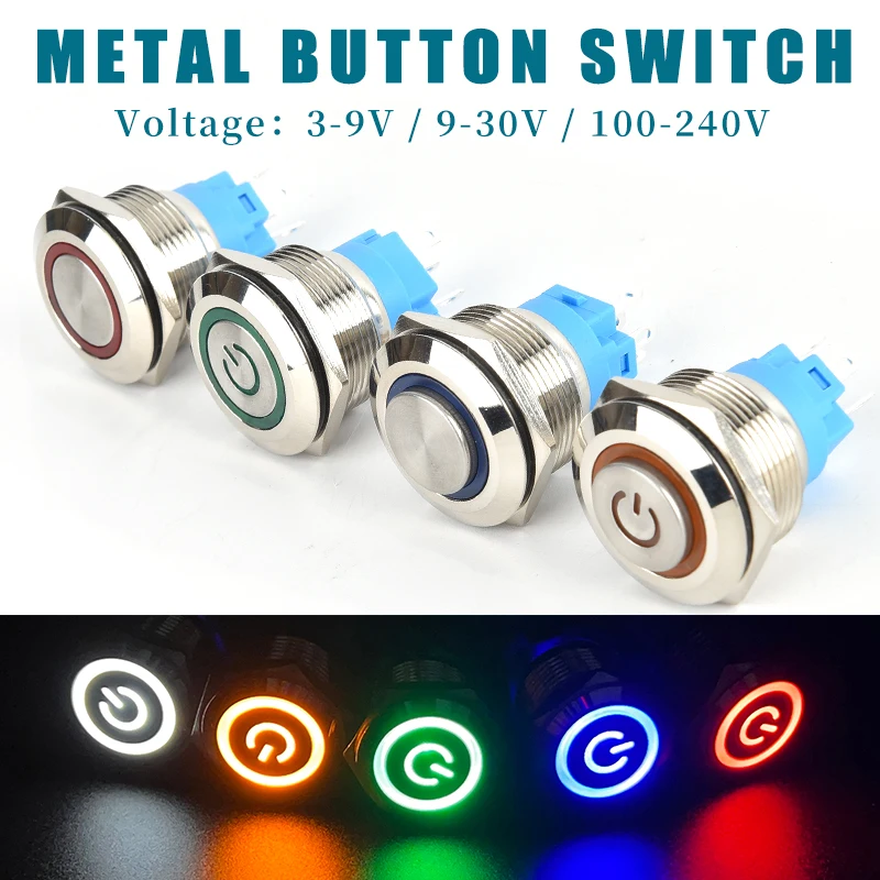 

12/16/19/22MM Metal Button Switch Waterproof LED Light Momentary Self-locking Latching Car Engine Power Switch 3V 12V 24V 220V