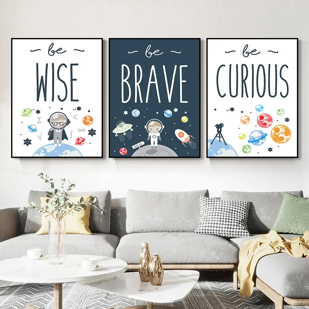 

Nursery Wall Art Decor Space Astronaut Cartoon Canvas Painting You Brave Happy Poster And Print Living Kids Room Home Decoration