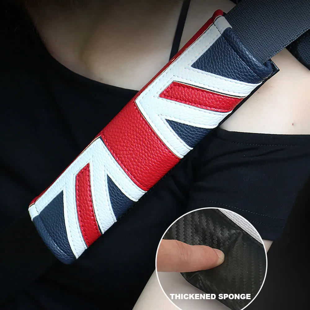 

2pcs Leather Car Safety Seat Belt Cover Shoulder Cushion Pad Union Jack Logo For MINI Cooper Clubman Countryman R55 R56 R60 R61