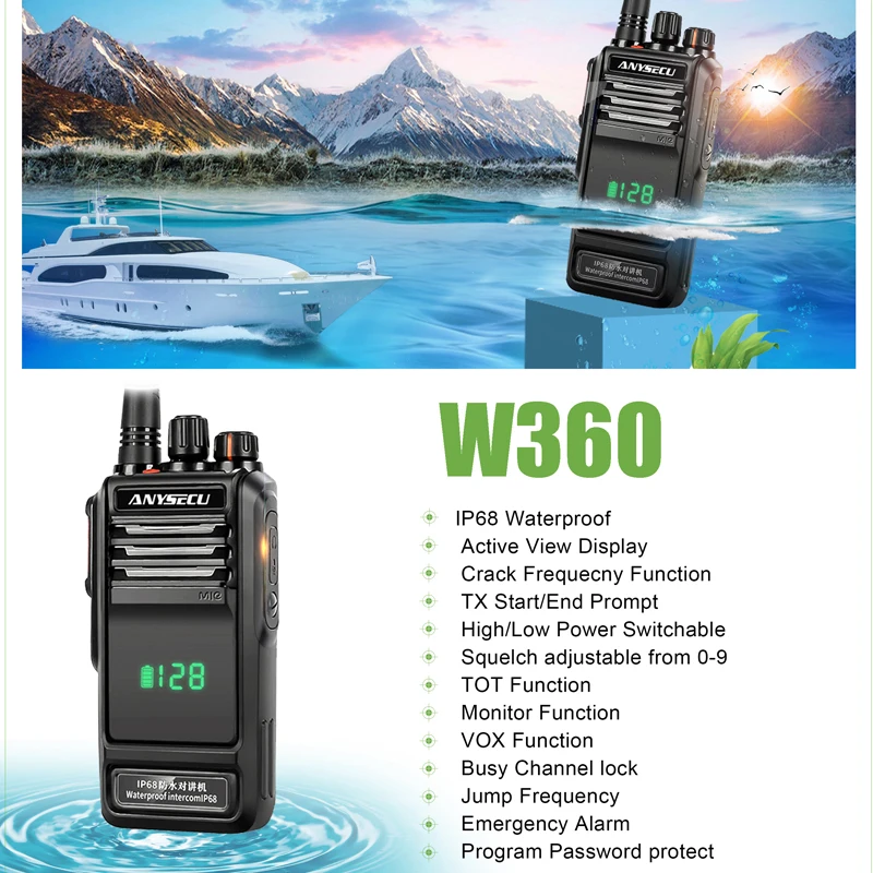 ANYSECU W360 IP68 Water-proof 8W Two Way Radio VHF136-174MHz or UHF 400-520MHz Walkie Talkie for Fire Rescue Civil defense users