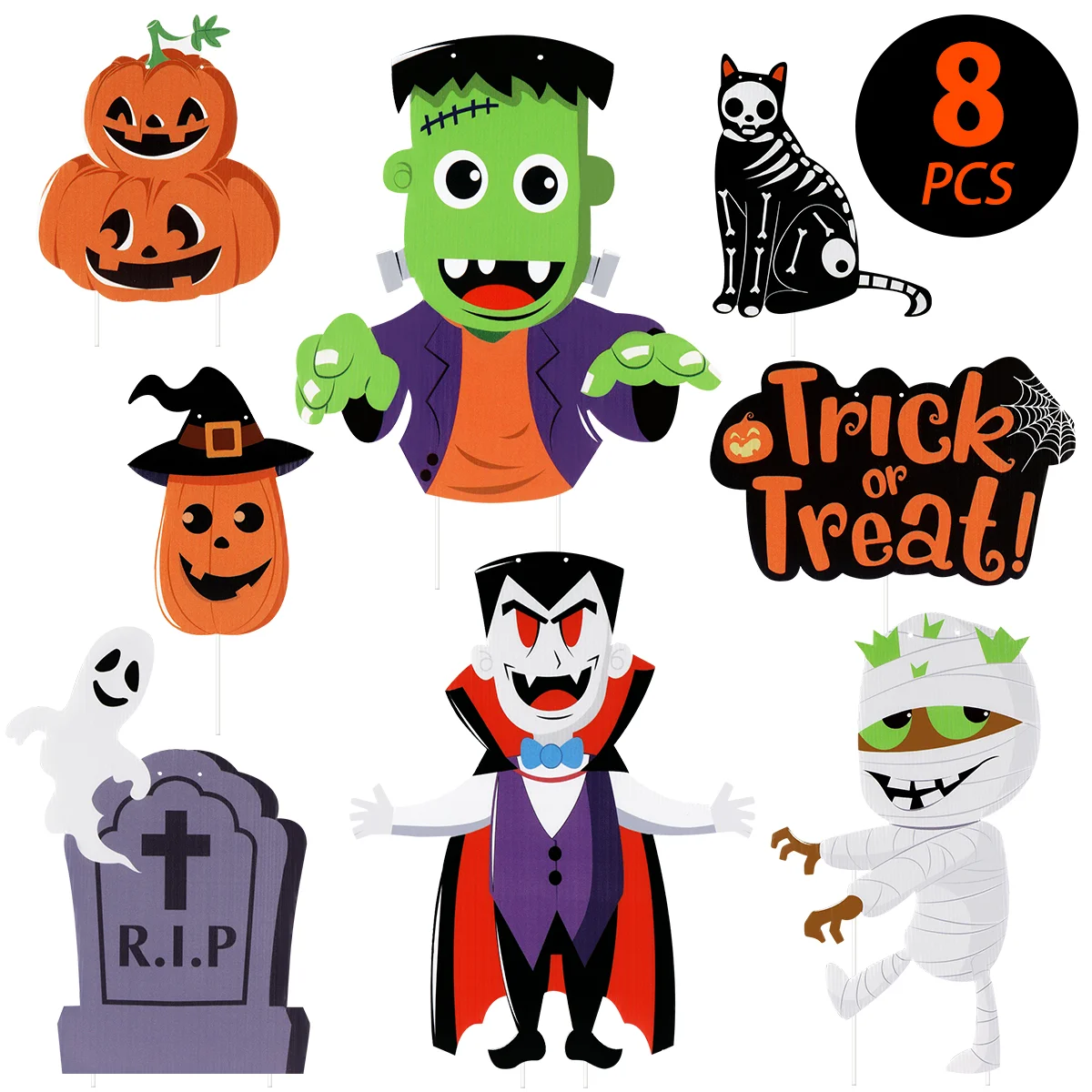 

8pcs Signs Hanging Sign Trick or Treat Plaque Board with 13pcs Stakes 8 Ropes for Haunted House Lawn Garden Courtyard