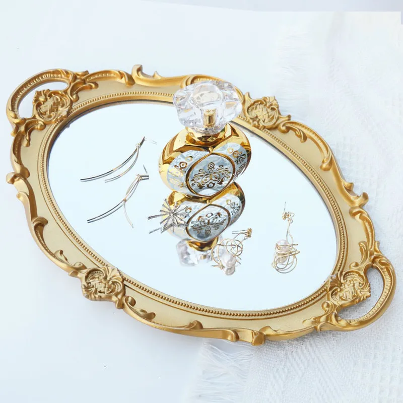 

European-style simple retro golden carved mirror tray dressing table decoration cosmetic storage tray photography props LX10704