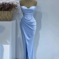 lorie sky blue formal evening dresses spaghetti straps dubai draped dubai celebrity party gowns arabia side slit prom dress 2022