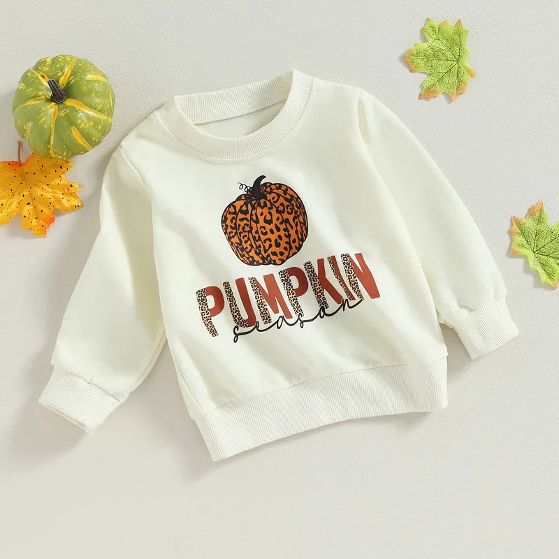 

Halloween Children Girl Boy Sweatshirts Autumn Clothes Long Sleeve Letter Leopard Pumpkin Loose Pullover Top Baby Items Clothing