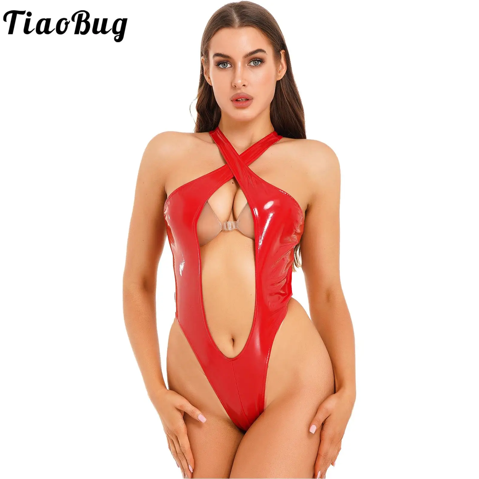 

Womens Cross Wide Shoulder Straps Nightclub Pole Dancing Performance Keyhole High Cut Patent Leather Hollow Out Catsuit Bodysuit