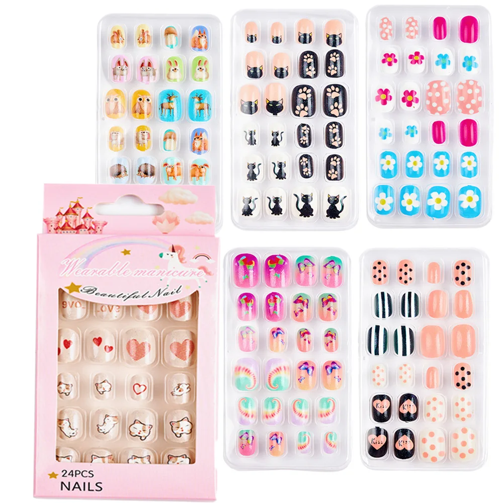 24 Pieces Children False Nails Kids Girls Press on Short Artificial Fake Nails Cute Pre Glue Full Cover Acrylic Nail Tip,77