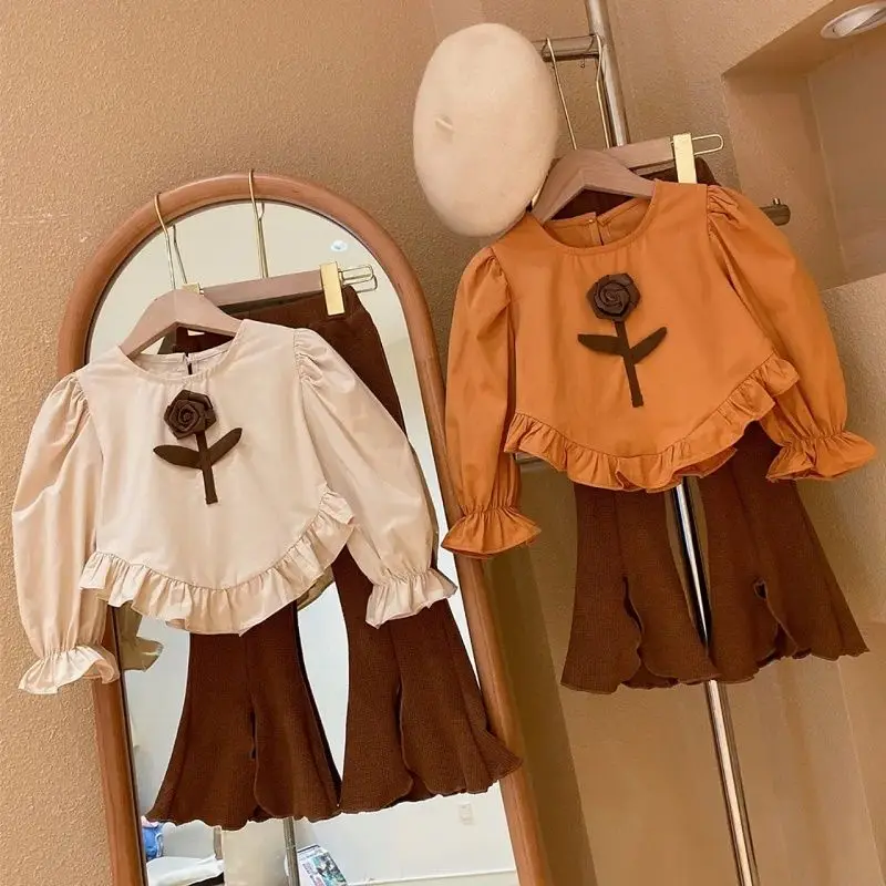 

New Autumn Girl'S Clothing Sets Fashion Flower Fungus Edge Long Sleeves Top+ Slit Flared Pants Two-Piece Children Clothes Suit
