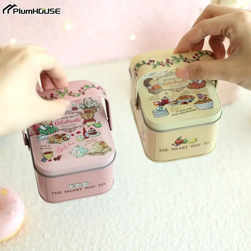 Cartoon Rabbit Pattern Good Sealing Tin With Handle Vintage Suitcase Gift Giving Portable Easter Holiday Cookie Tins