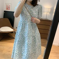 2022 summer print short sleeve mid dress women pleated o neck korean casual dress natural factors a line office dress for ladies