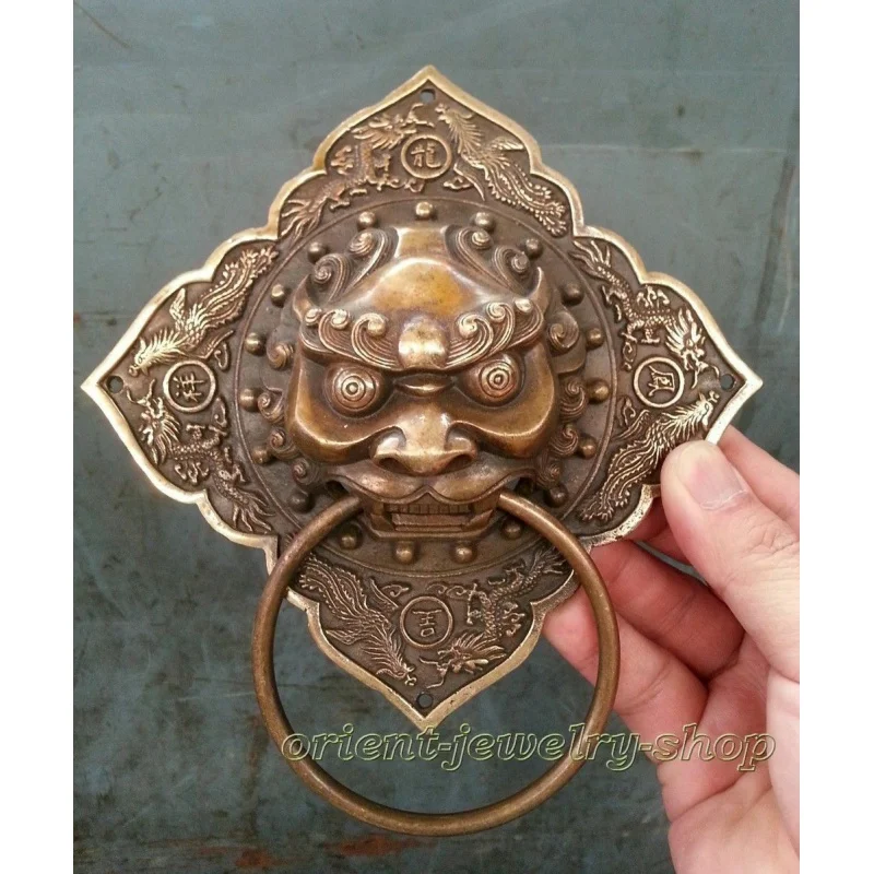 

Archaic Bronze Dog Lion square Old Door Door Knocker 14cm statue