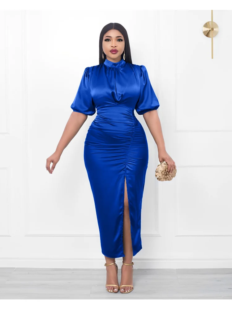 Women's High Neck Tight Dress Elegant High Split Pleated Dress Plus Size Dresses Summer Dress