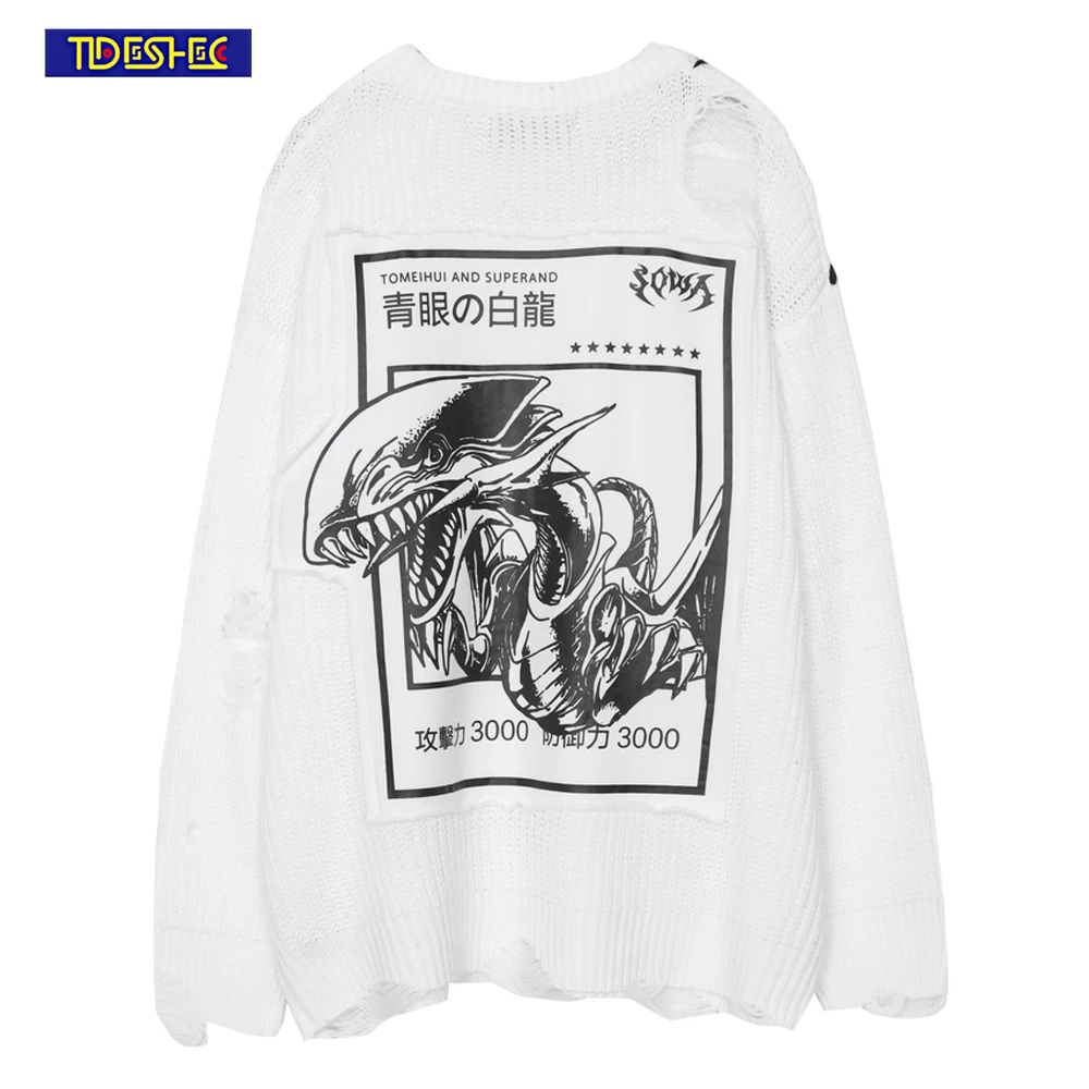 

Streetwear 2022 Hip Hop Men Sweater Retro Patchwork Monster Printed Sweater Knitted Sweater Vintage Hip Hop Pullover Sweater