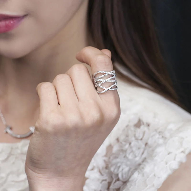 

Trend Geometric Ring Silver Color Multi-Storey Lines Hollow Out Zircon Ring for Women European and American Style Party Jewelry