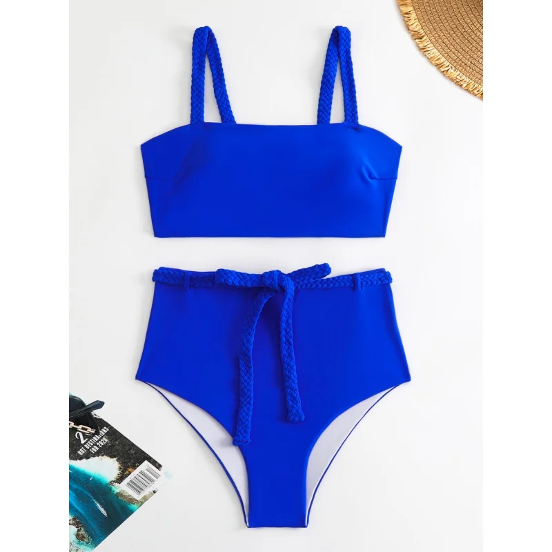 

Соблазнительный комплект бикини с запахом, Женский однотонный синий купальник с лямкой на шее и поясом пуш-ап, купальник с высокой талией 2023, купальный костюм из двух предметов, купальник
