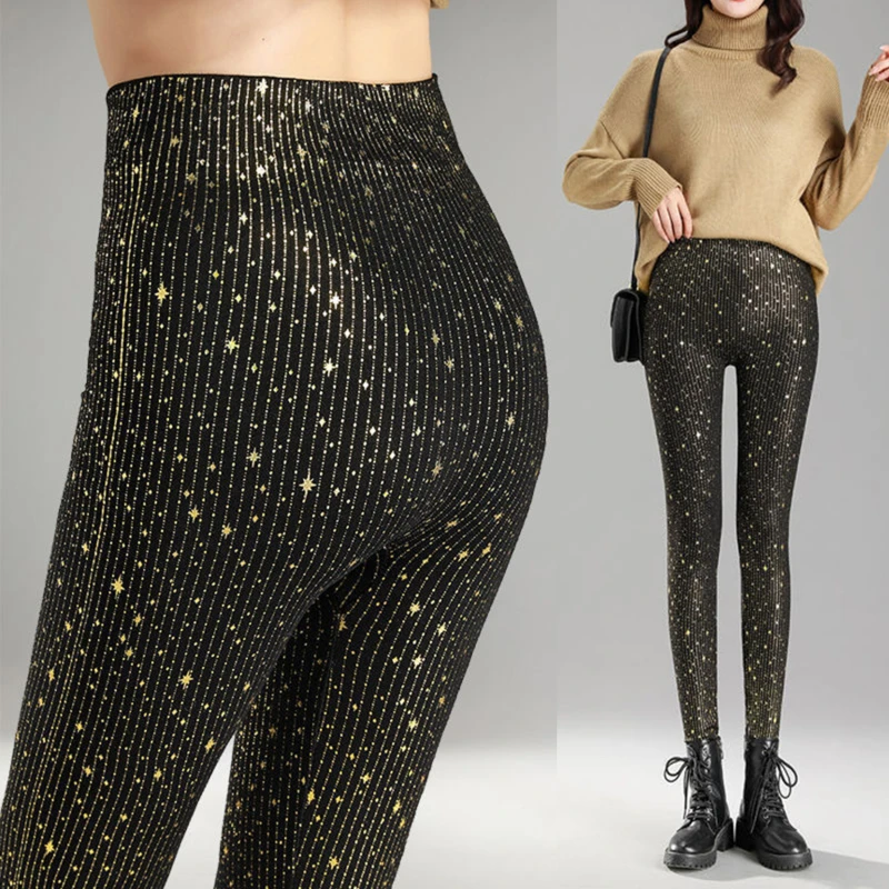 

Women Sequined High Waist Legging Pants Korean Ladies Casual Leggings Elastic Trousers Female Spring Solid Elegant Pant