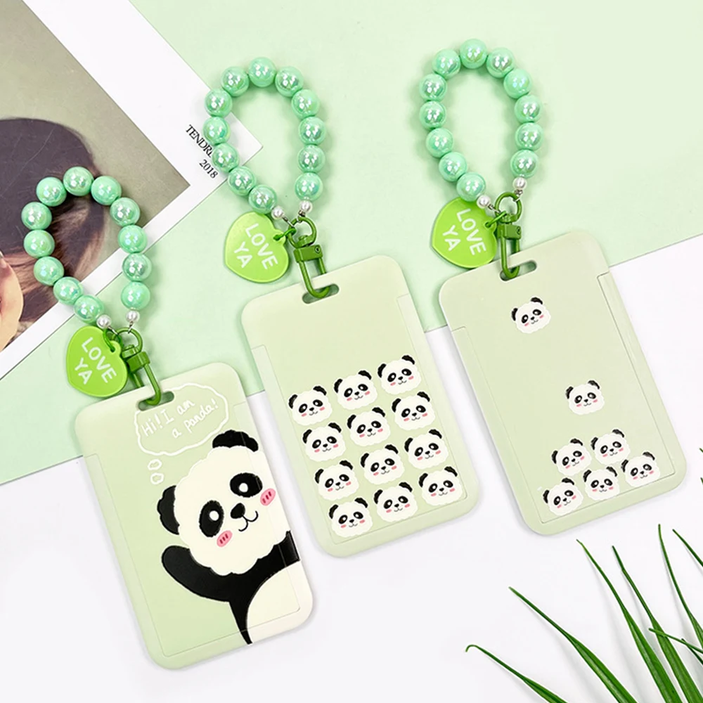 

Cute Panda Card Holder With Keychain ID Card Case School Stationery Sliding Cover Cartoon Bus Card Package Protector Anti Lost