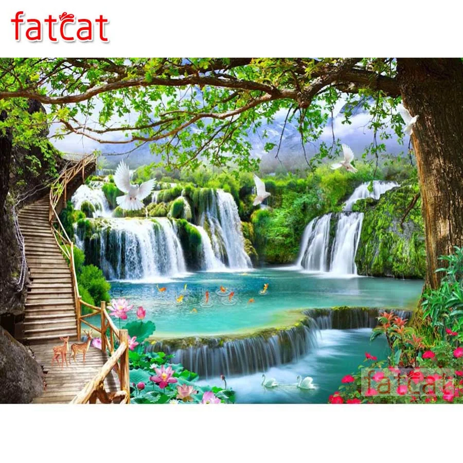 

Картина-мозаика с изображением водопада, озера, голубя