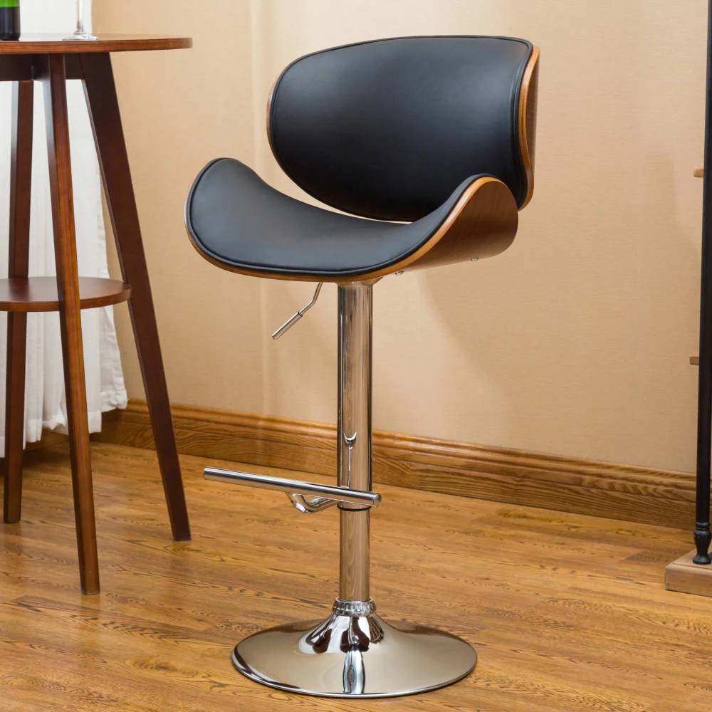 

Modern Curved Frame Hydraulic Seat Adjustable 360-Degree Swivel Wood Faux Leather Barstool Chair, 24"-32", Black