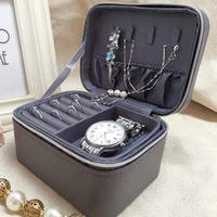 leather double layer jewelry box watch ring earring necklace storage zipper mini portable jewelry storage box