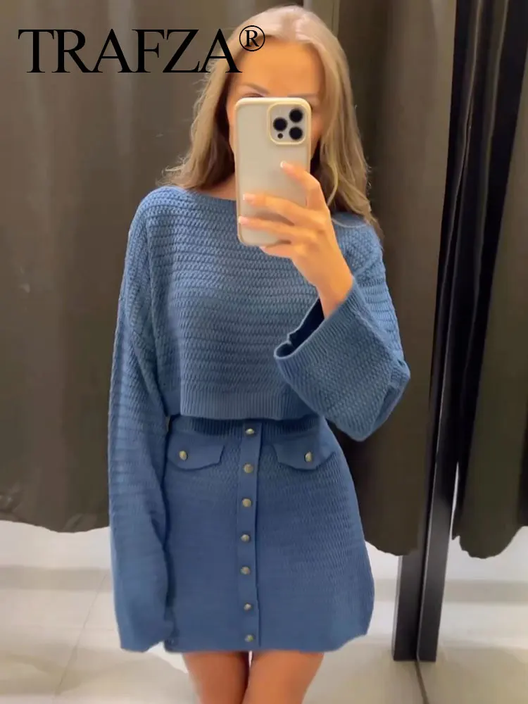 

TRAFZA 2023 O-Neck Button Long Sleeve Crop Tops+Elastic Waist Single Breasted Decorate Skirts Women's Summer Slim Knitted Suits