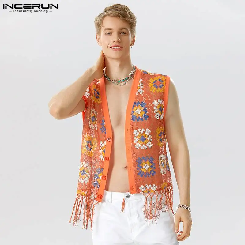 

Майка INCERUN мужская с кружевной бахромой, пикантный прозрачный жилет в стиле пэчворк, с V-образным вырезом, без рукавов, уличная одежда, лето 2023